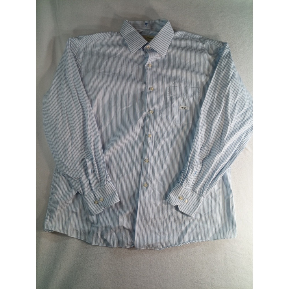 Tommy Bahama Mens Dress Shirt 17 34-35 Blue Striped Long Sleeve Button Up
